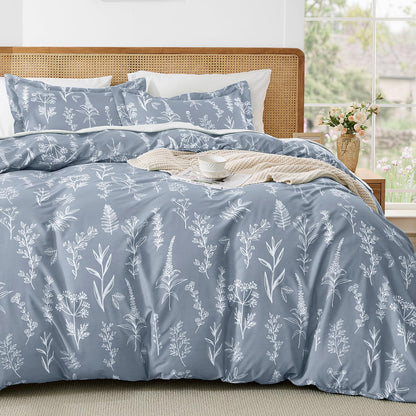 MUXHOMO Duvet Cover King Size, 3-Piece Floral Grey-Blue Bedding Set