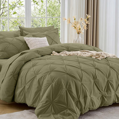 Sasttie Full Size Comforter Set, 7-Piece Bed in a Bag Double, Pintuck Bedding Set for All Season, Includes Comforter, Flat Sheet, Fitted Sheet, Pillowcases and Pillowshams, Beige
