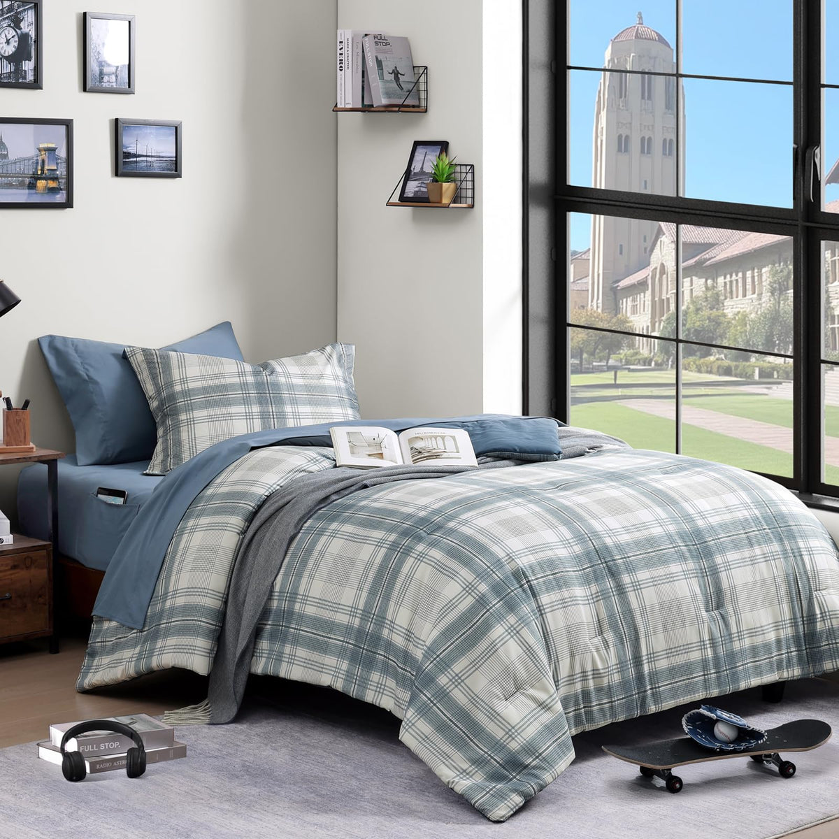 Plaid Full Size Comforter Set Blue Grey 7 Pieces Farmhouse Bed in a Bag