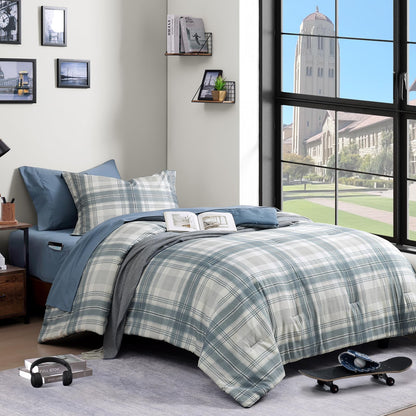 Plaid Full Size Comforter Set Blue Grey 7 Pieces Farmhouse Bed in a Bag