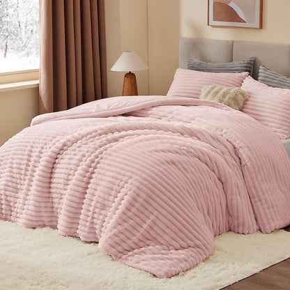 BEDELITE Fleece Queen Comforter Set, Fluffy Bed Set, Pink