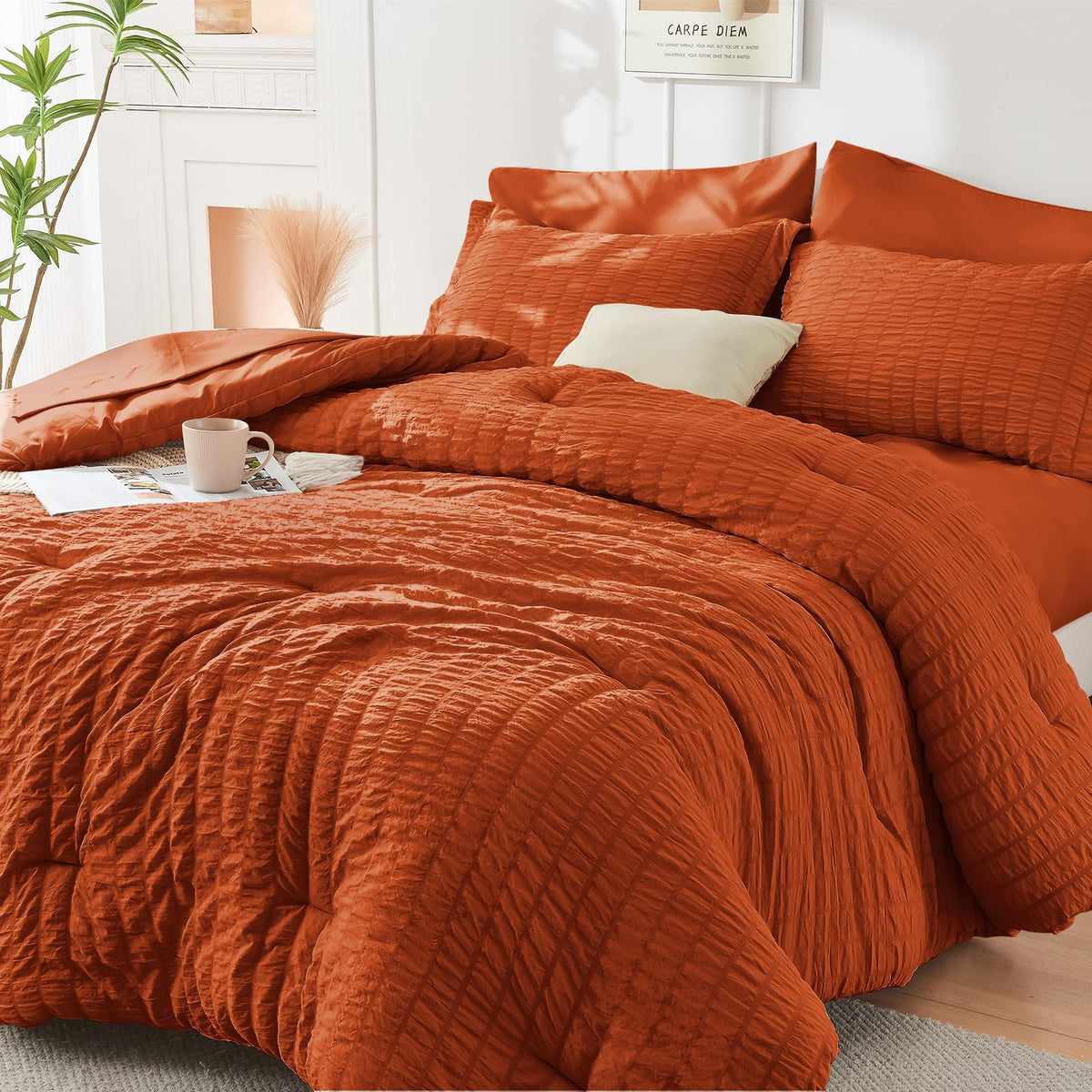 Queen Comforter Set - 7PCS Bed in a Bag, Seersucker Bedding Set, Beige