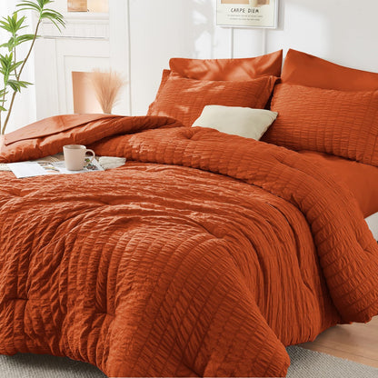 Queen Comforter Set - 7PCS Bed in a Bag, Seersucker Bedding Set, Beige