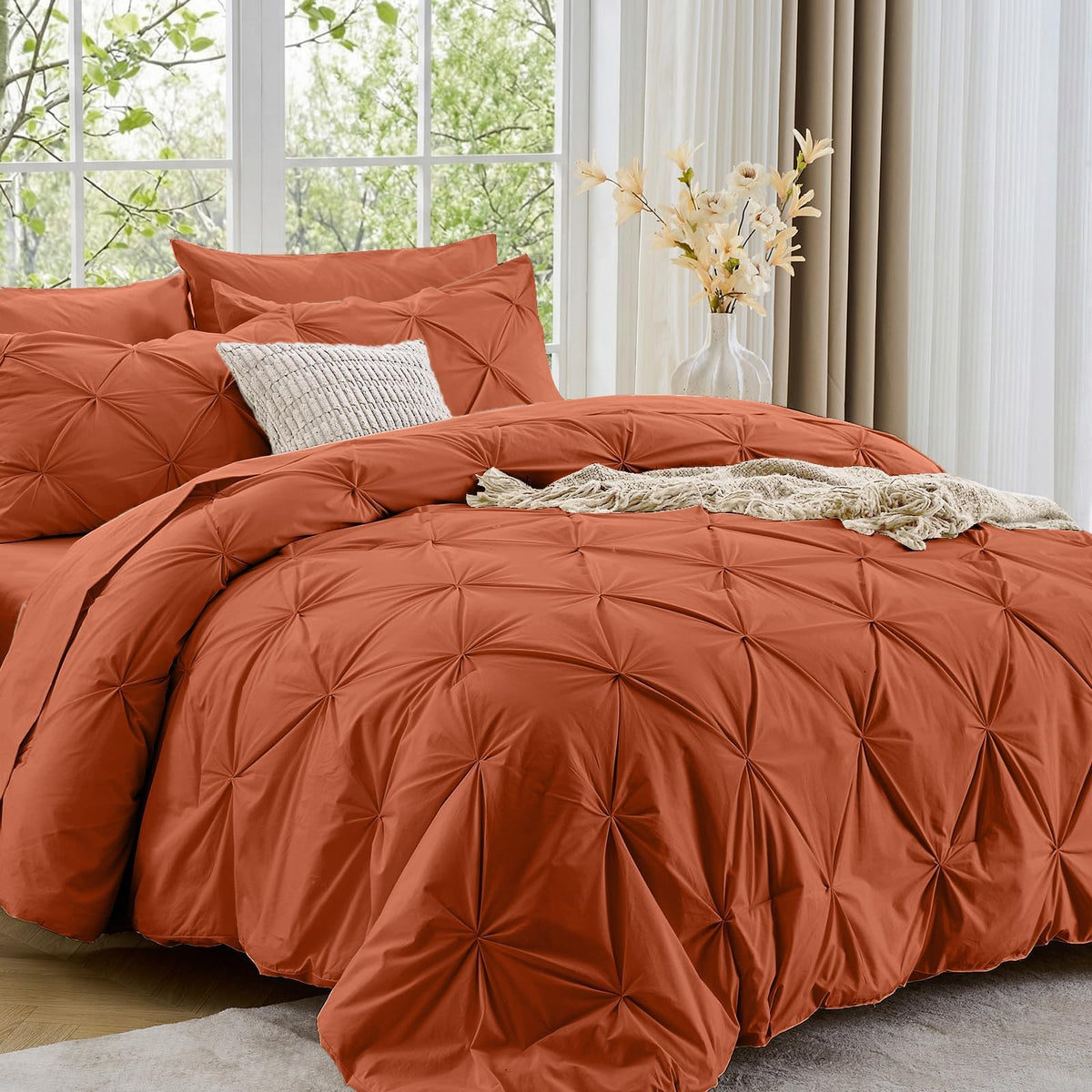 Sasttie Full Size Comforter Set, 7-Piece Bed in a Bag Double, Pintuck Bedding Set for All Season, Includes Comforter, Flat Sheet, Fitted Sheet, Pillowcases and Pillowshams, Beige