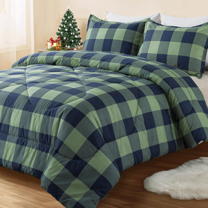Andency Tan Gingham Comforter Set Twin, Brown Checkered Grid Plaid Bedding