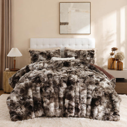 YIKUSH Queen Faux Fur Soft Comforter Set, Fluffy Linen Rabbit Fur Comforter