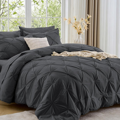 Sasttie Full Size Comforter Set, 7-Piece Bed in a Bag Double, Pintuck Bedding Set for All Season, Includes Comforter, Flat Sheet, Fitted Sheet, Pillowcases and Pillowshams, Beige
