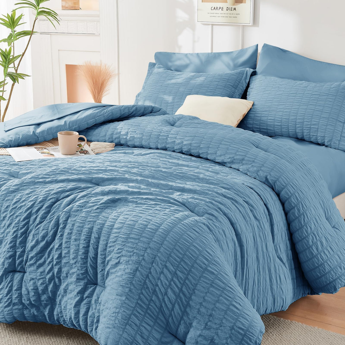 Full Comforter Set - 7PCS Bed in a Bag, Seersucker Bedding Set, Dark Grey