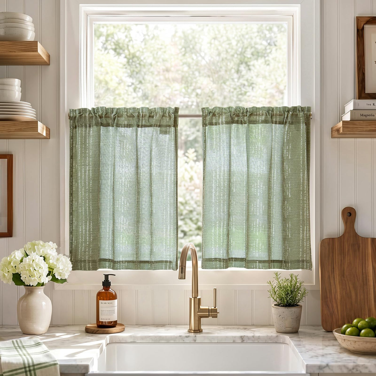 jinchan Linen Striped Tier Curtains for Kitchen Windows Green 26 x 24 inch