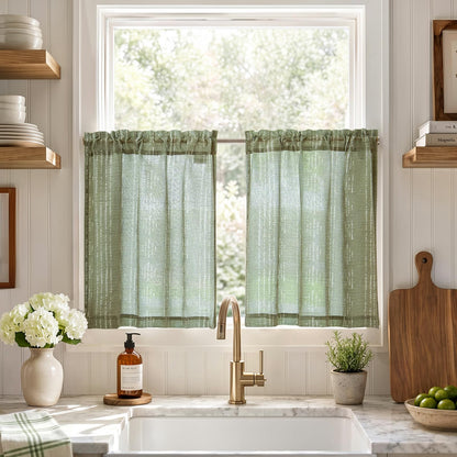 jinchan Linen Striped Tier Curtains for Kitchen Windows Green 26 x 24 inch