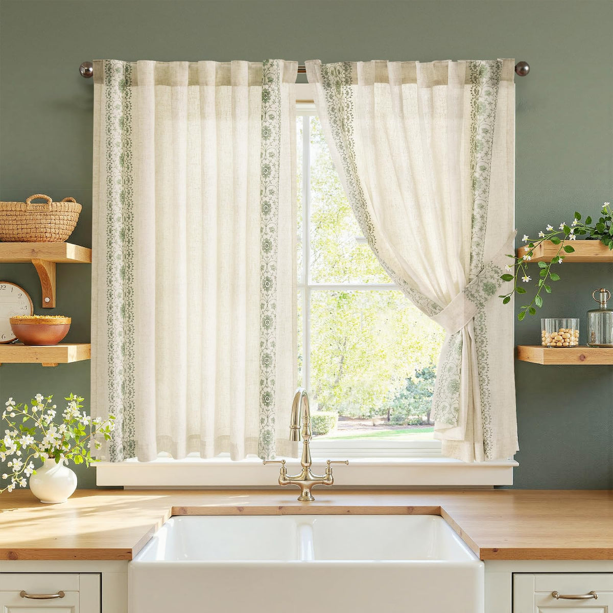 jinchan Beige Floral Linen Kitchen Tier Curtains 50x45 Inch 2 Panels