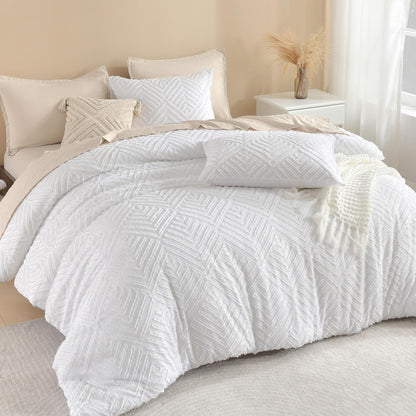 Litanika King Size Comforter Set, 3 Pieces Beige Tufted Boho Bedding Set