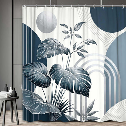 Bondjos Abstract Geometric Botanical Shower Curtain Mid Century Boho Tropical Gold Geometric Monstera Leaf Modern Minimalist Bathroom Curtain Modern Aesthetic Bath Accessories Art Home Decor