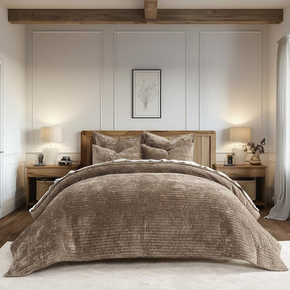 EverGrace Stripe Channel Luxury Velvet Quilt Set King Size, Beige Taupe