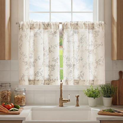 jinchan Floral Linen Kitchen Tier Curtains, 24 Inch, 2 Panels, Green