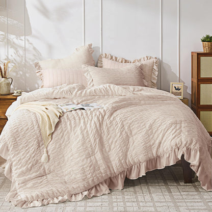 JOLLYVOGUE White Comforters Queen Size, 3 Pieces Ruffle Seersucker Queen Comforter Set for All Season, Lightweight Soft Shabby Chic Bedding Sets for Women（1 Comforter, 2 Pillowshams）