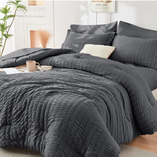 Full Comforter Set - 7PCS Bed in a Bag, Seersucker Bedding Set, Dark Grey