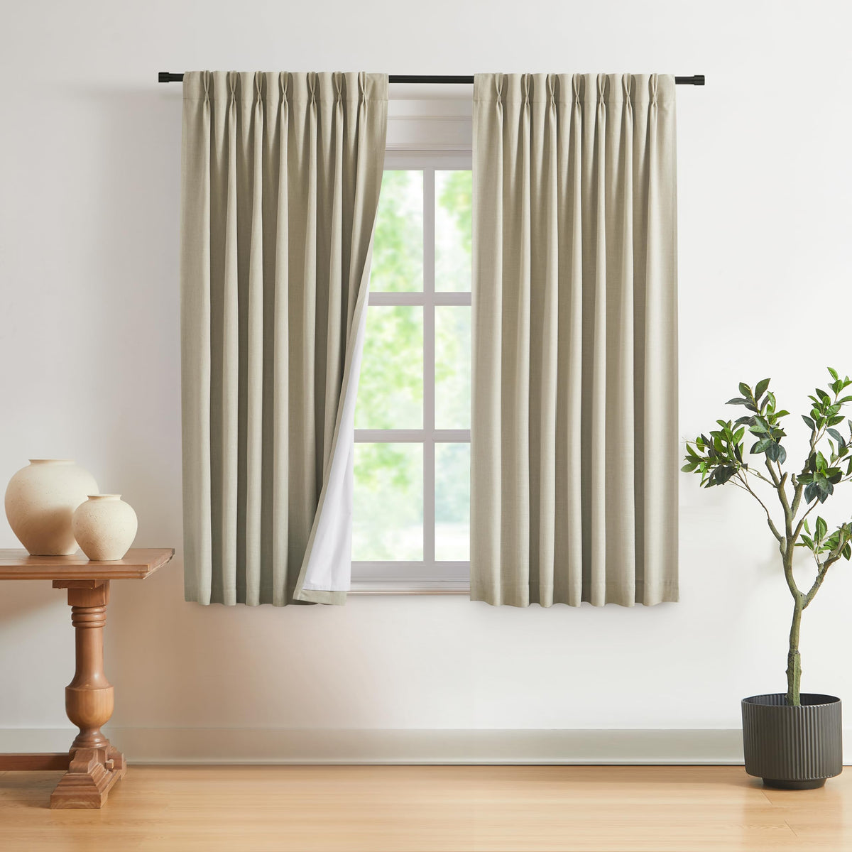 Vision Home Natural Pinch Pleated Full Blackout Curtains Linen Blended Room Darkening Window Curtains 95 inch for Living Room Bedroom Thermal Insulated Pinch Pleat Drapes with Hooks 2 Panel 40"Wx95"L