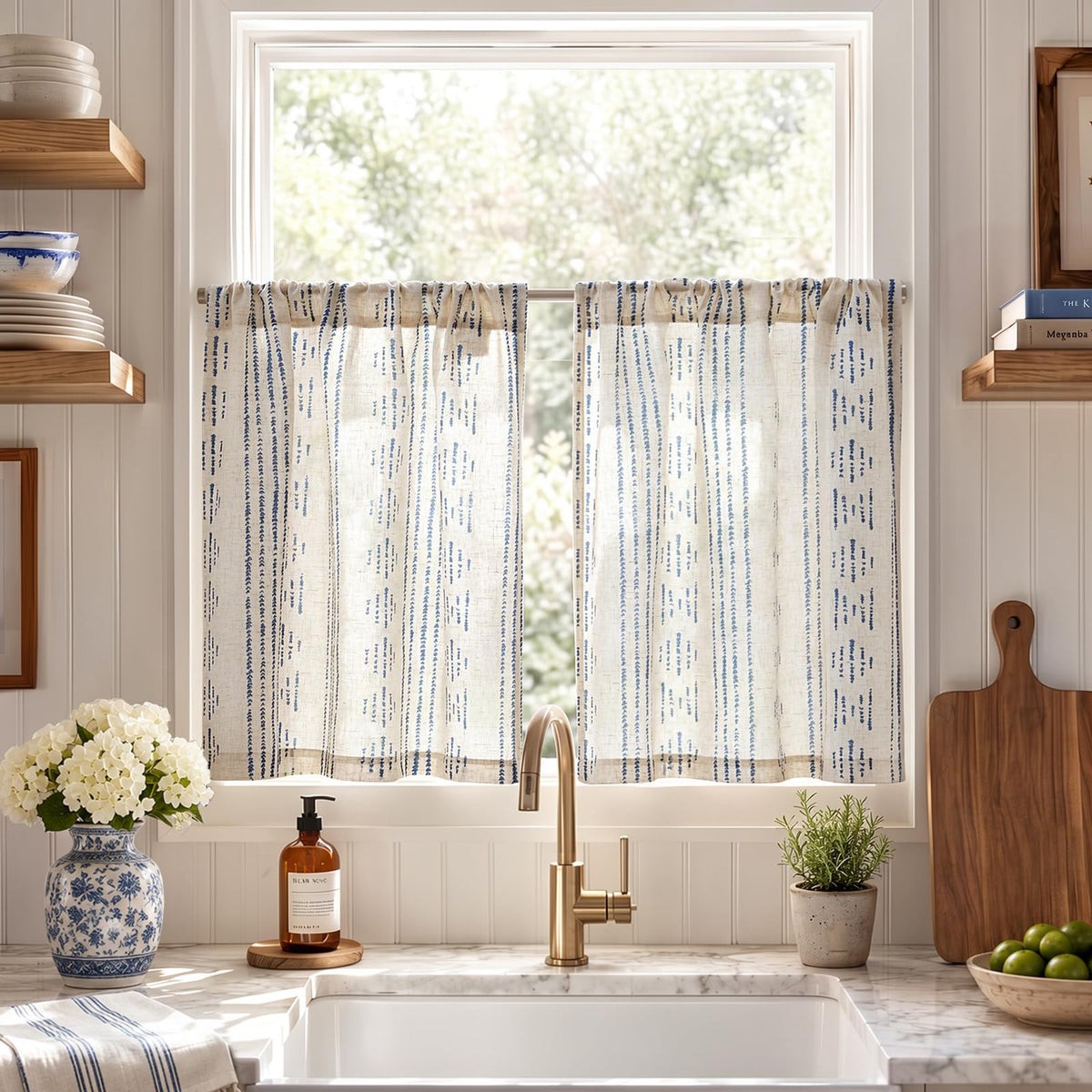jinchan Linen Striped Tier Curtains for Kitchen Windows Green 26 x 24 inch