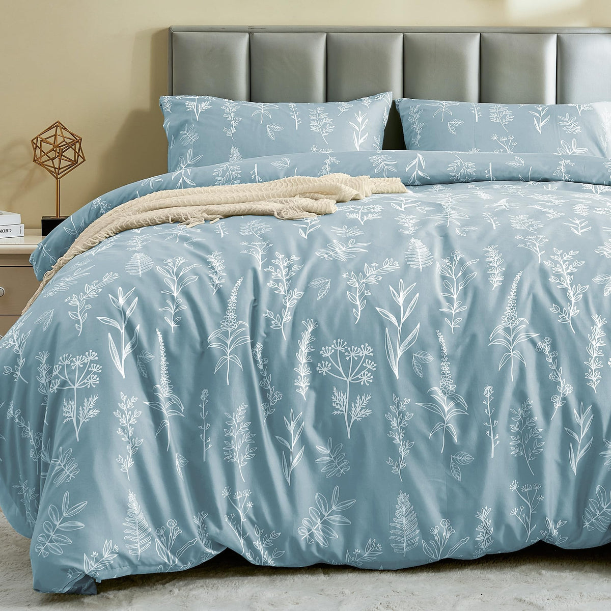 MUXHOMO Duvet Cover King Size, 3-Piece Floral Grey-Blue Bedding Set