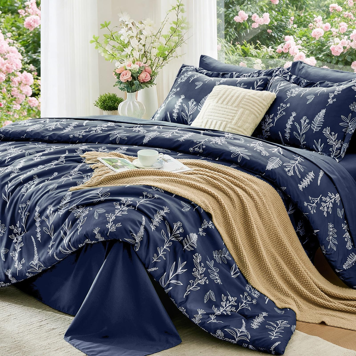 MUXHOMO Queen Comforter Set, 7-Piece Floral Bed in a Bag, Sage Green