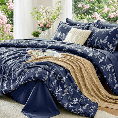 MUXHOMO Queen Comforter Set, 7-Piece Floral Bed in a Bag, Sage Green