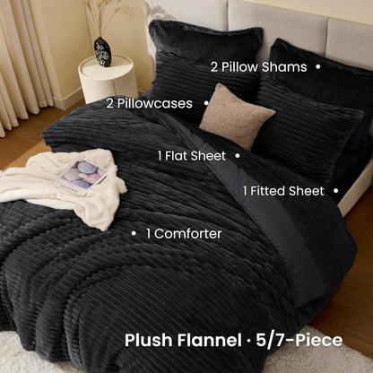 EXQ Home Queen Fluffy Comforter Set,7 Pieces Bed in a Bag,Black
