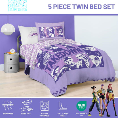 KPOP Demon Hunters Twin Comforter Set 5 Piece Kids Cartoon Bedding, Purple
