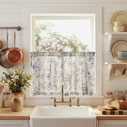 jinchan Floral Linen Kitchen Tier Curtains, 24 Inch, 2 Panels, Green