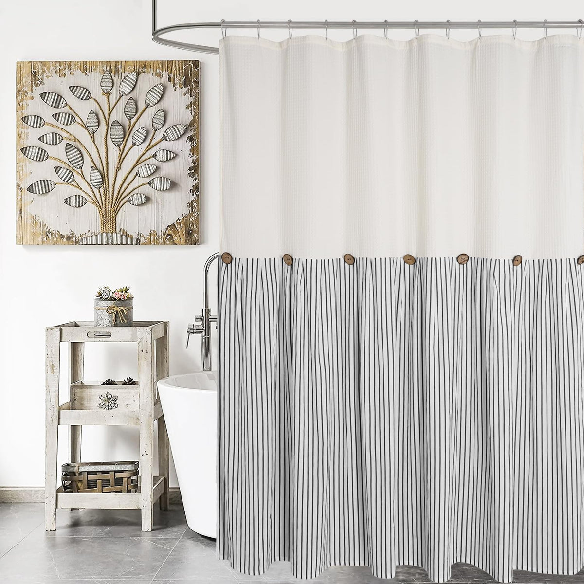 DOSLY IDÉES Farmhouse Shower Curtain,Beige and Gray Stripe,Button Curtain,Linen and Cotton Woven Fabric,Rustic Charm Country Chic Style,72x72 in