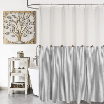 DOSLY IDÉES Farmhouse Shower Curtain,Beige and Gray Stripe,Button Curtain,Linen and Cotton Woven Fabric,Rustic Charm Country Chic Style,72x72 in