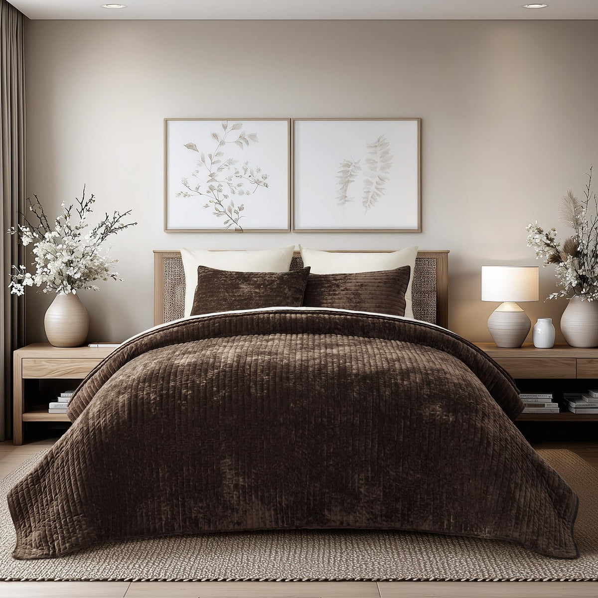 EverGrace Stripe Channel Luxury Velvet Quilt Set King Size, Beige Taupe