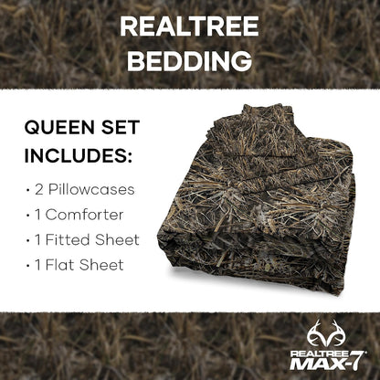 Northwest Realtree 5-Piece Queen Size Bed in a Bag Set, 1 Comforter, 1 Fitted Sheet, 1 Flat Sheet, 2 Pillowcases, All Seasons Bedding, MAX-7 Camo