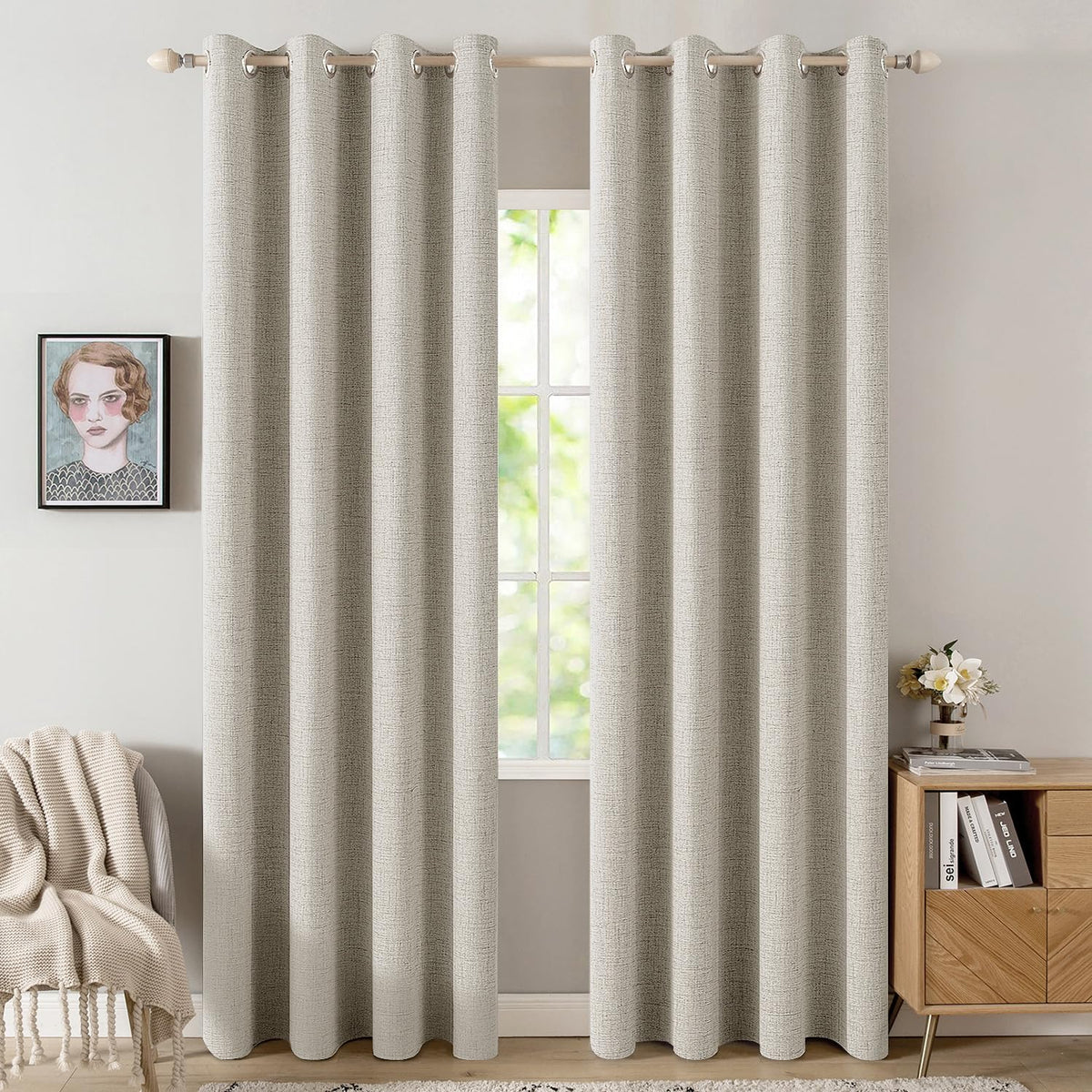 MIULEE 100% Blackout Linen Curtains for Bedroom 52x90 Inches Natural Beige