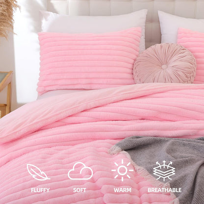 Smoofy Fluffy Queen Size Comforter 3 PCS - Pink Fleece Bedding Set