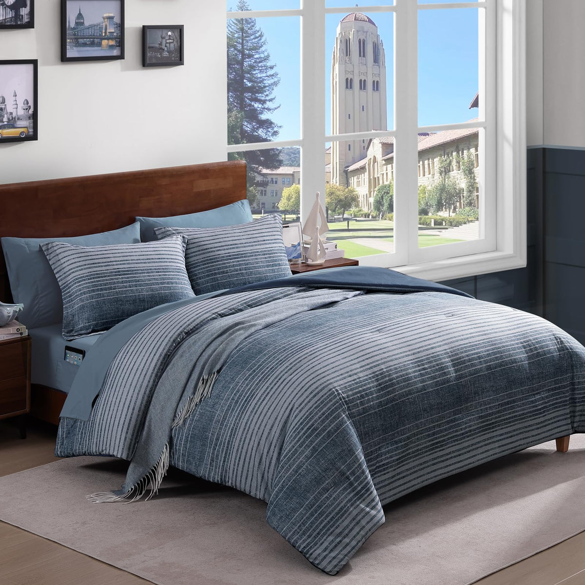 Plaid Full Size Comforter Set Blue Grey 7 Pieces Farmhouse Bed in a Bag