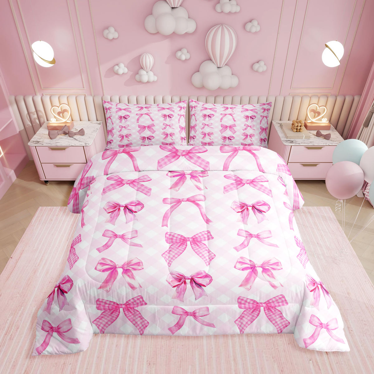 Erosebridal Cute Pink Bow Twin Bedding Set for Girls,Ribbon Bow Knot Comforter Set for Kids Kawaii Room Decor,Princess Bowknot Bed Set Girly Pink Bows Bedding Comforter Sets,1 Pillowcase