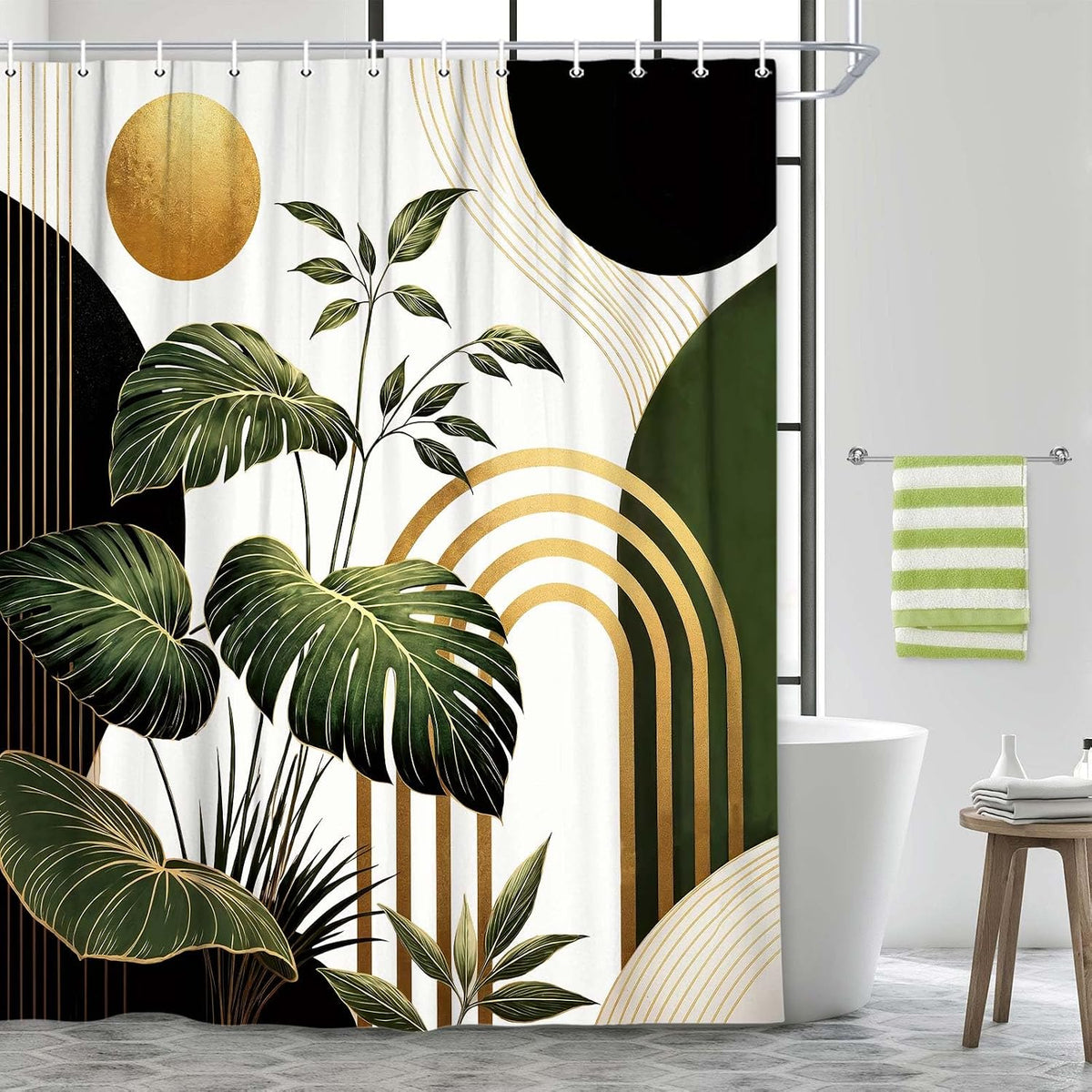 Bondjos Abstract Geometric Botanical Shower Curtain Mid Century Boho Tropical Gold Geometric Monstera Leaf Modern Minimalist Bathroom Curtain Modern Aesthetic Bath Accessories Art Home Decor