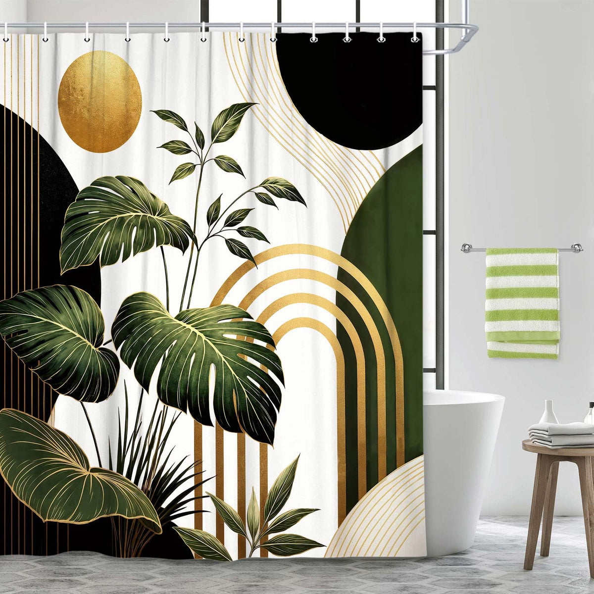 Bondjos Abstract Geometric Botanical Shower Curtain Mid Century Boho Tropical Gold Geometric Monstera Leaf Modern Minimalist Bathroom Curtain Modern Aesthetic Bath Accessories Art Home Decor