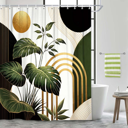 Bondjos Abstract Geometric Botanical Shower Curtain Mid Century Boho Tropical Gold Geometric Monstera Leaf Modern Minimalist Bathroom Curtain Modern Aesthetic Bath Accessories Art Home Decor
