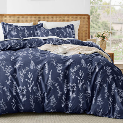 MUXHOMO Duvet Cover King Size, 3-Piece Floral Grey-Blue Bedding Set