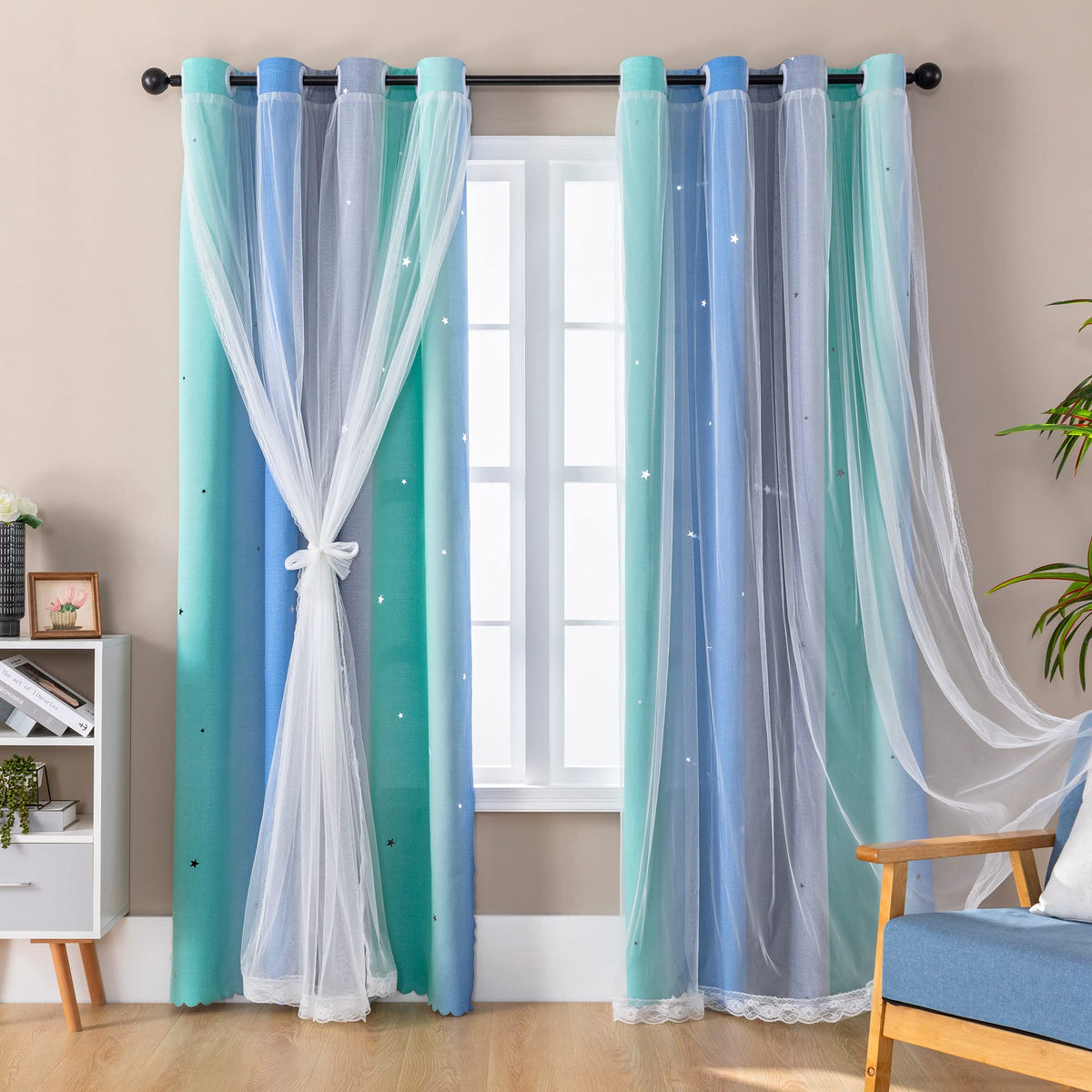 XiDi Curtains for Girls Bedroom Decor, Rainbow Blackout Curtains for Kids/Little Girl Room Decor, Unicorn Wall Decals,Pink Purple Green,63 x 34 inches,1 Panel