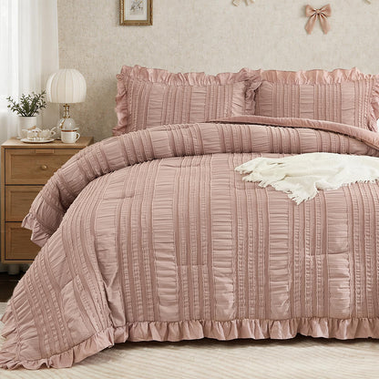 WONGS BEDDING White Queen Comforter Set,Boho Ruffle Comforter for Queen Bed,Soft Seersucker Shabby Chic Bedding Set with 1 Comforter,2 Tufted Pillowcases 90"×90"
