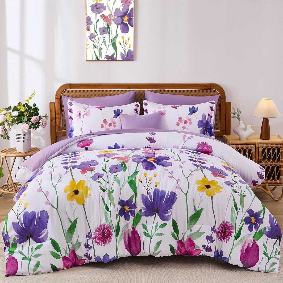 Annibedding Queen Comforter Set 8 Pieces Pink Floral Bed in Bag All Season