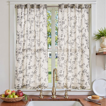 jinchan Floral Linen Kitchen Tier Curtains, 24 Inch, 2 Panels, Green