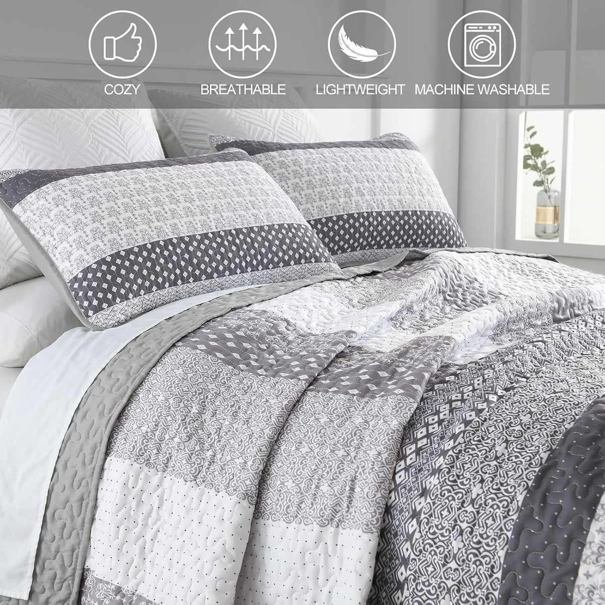 WONGS BEDDING Grey Queen Size Quilt Set, Boho Striped Bedspread