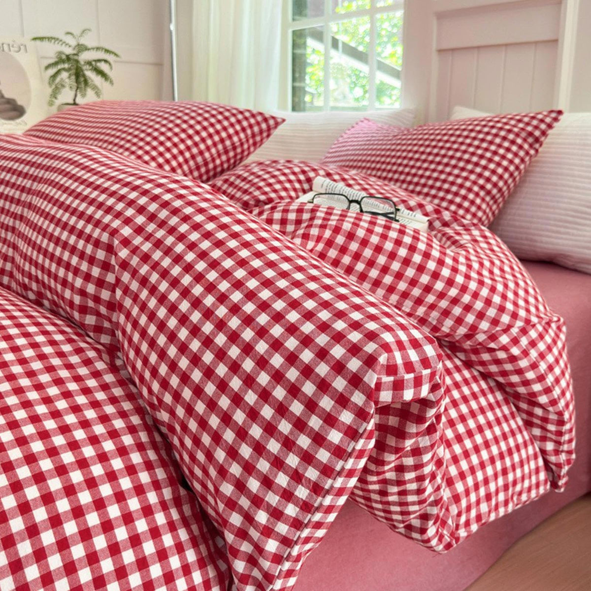 LifeTB Queen Comforter Set Fluffy Plaid Checkered Pattern Modern Style Geometric Comforter with 2 Pillow Shams Grid Plaid Bedding Comforter for Boys Men All Season Queen Size Bed Comforter Set