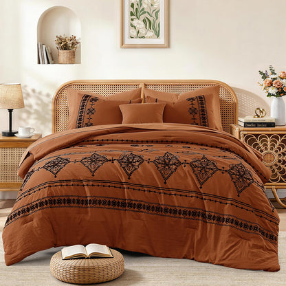 MaiRêve Embroidery Queen Comforter Set 7 Pieces Burnt Orange Bed in a Bag