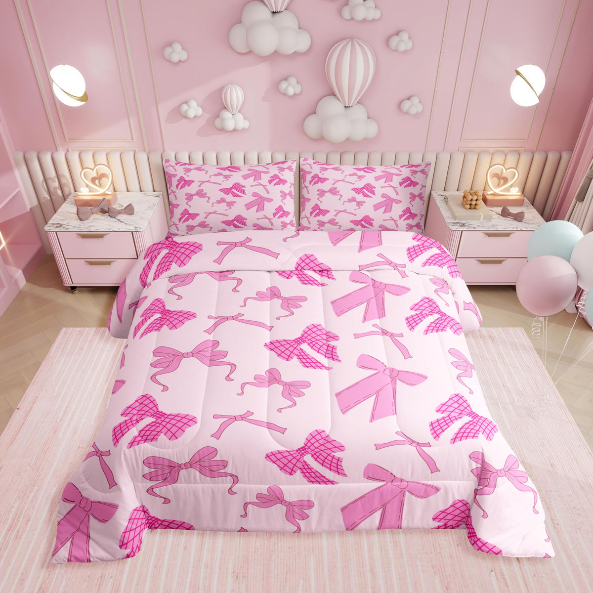 Erosebridal Cute Pink Bow Twin Bedding Set for Girls,Ribbon Bow Knot Comforter Set for Kids Kawaii Room Decor,Princess Bowknot Bed Set Girly Pink Bows Bedding Comforter Sets,1 Pillowcase