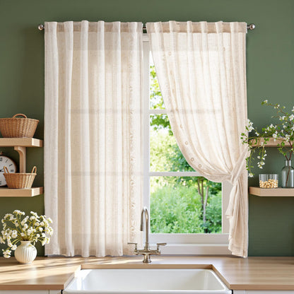 jinchan Beige Floral Linen Kitchen Tier Curtains 50x45 Inch 2 Panels